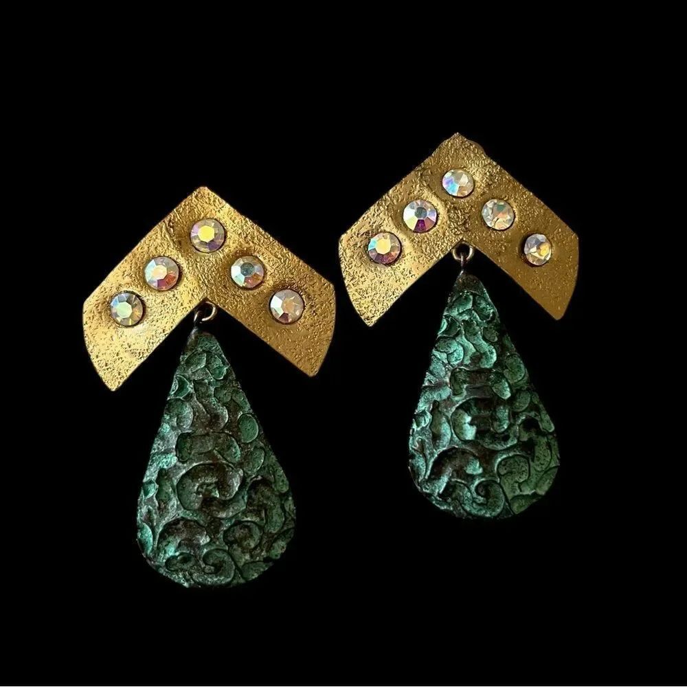 Chunky Brass Patina Crystal Dangle Earrings